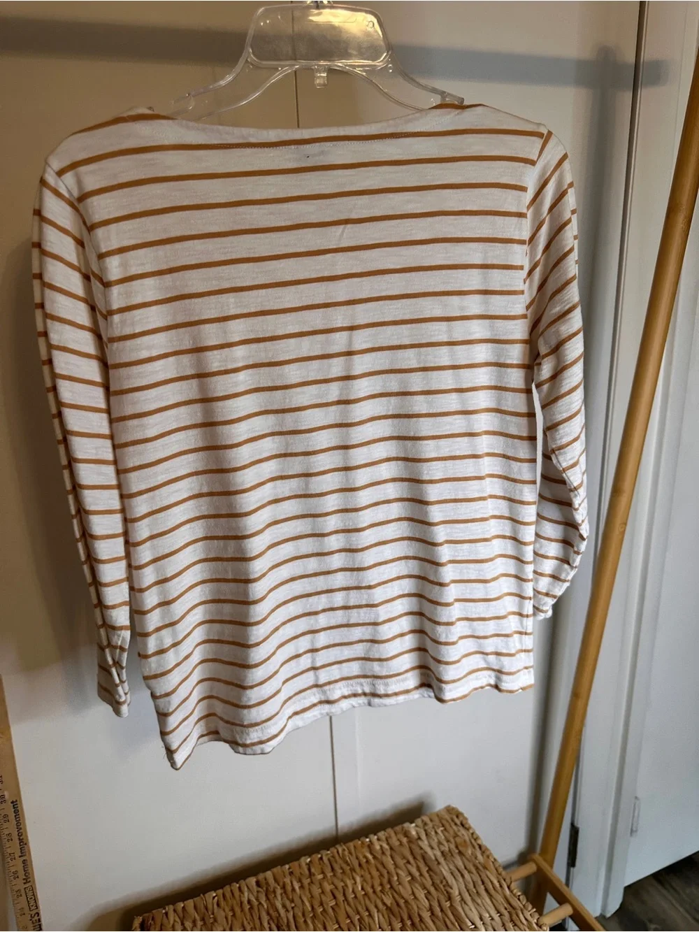 J. Crew Crewneck Long-Sleeve White Top with Tan Stripes